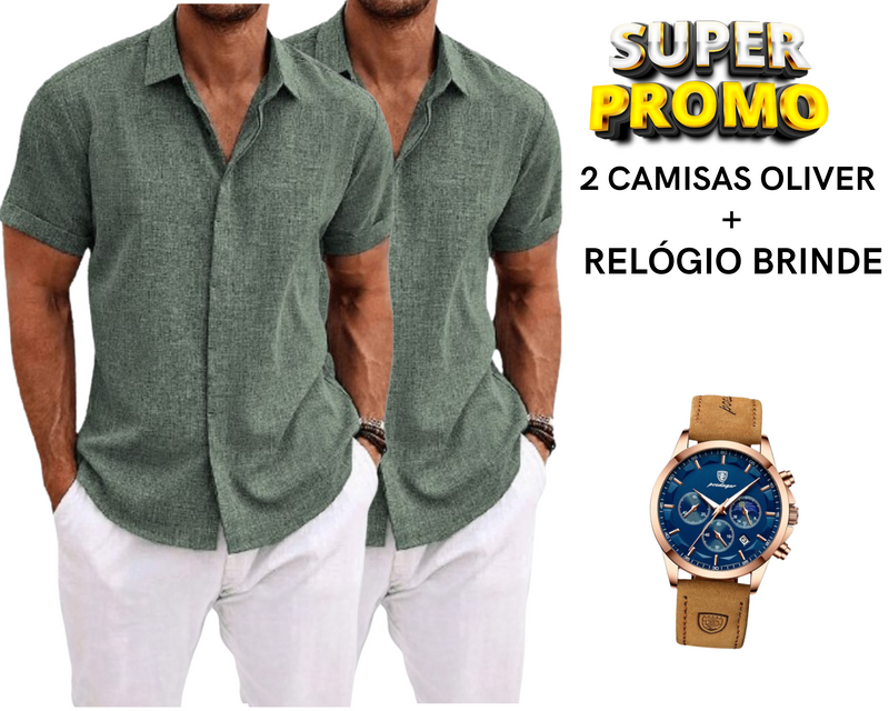 Compre 1, Leve 2 + Brinde: 2 Camisas Manga Curta de Linho e Algodão OLIVER + Relógio Grátis de Brinde