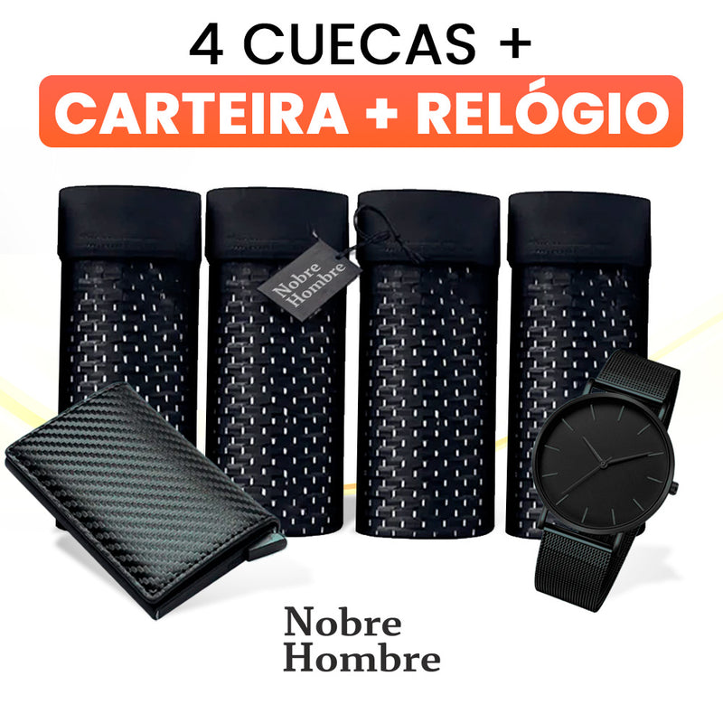 Kit 4 Cuecas Premium + Carteira Born + Relógio Santz - Nobre AllBlack